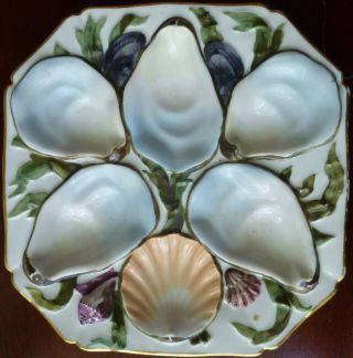 Antique Hand - Painted Oyster Plate W/ Scallop Octagon German/austrian 1890s