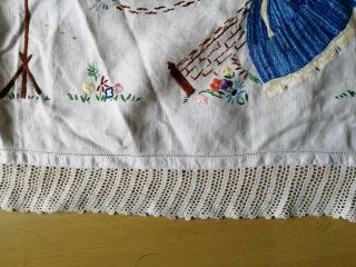 VINTAGE HAND EMBROIDERED LINEN LACE EDGED TABLECLOTH CRINOLINE LADIES 3