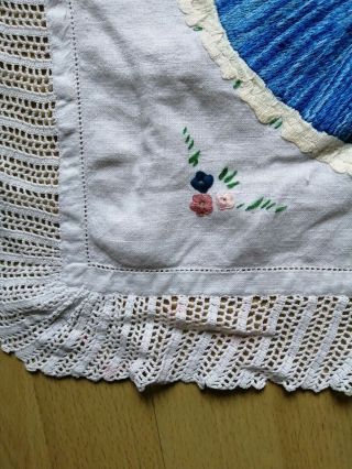 VINTAGE HAND EMBROIDERED LINEN LACE EDGED TABLECLOTH CRINOLINE LADIES 4