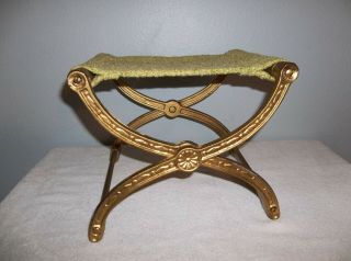 Antique Gold Metal Folding Seat Foot Stool Dessert Trivet Green 8.  5 " H Fishing