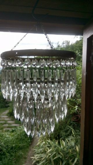 Antique Vintage French Waterfall Brass & Crystal Teardrop Prism Chandelier