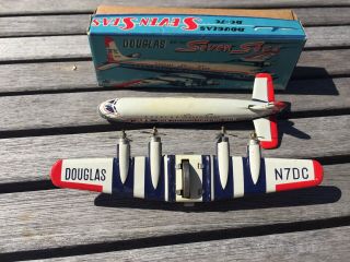 Vintage Douglas DC - 7C Tin Friction Toy Airplane w/ Box 7