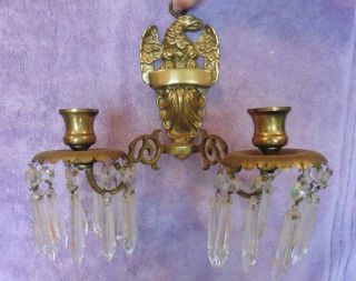 Antique Brass Wall Sconce Eagle Double Candle Holder W/ Hanging Vintage Crystals