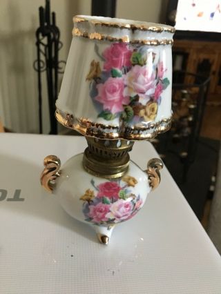 Vintage Mini Ceramic Oil Lamp With Decorative Shade To Match Base