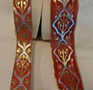2 VINTAGE PAPER WRAPPED FRENCH WIRED RIBBON BOLTS - RED W/GOLD & SILVER 2
