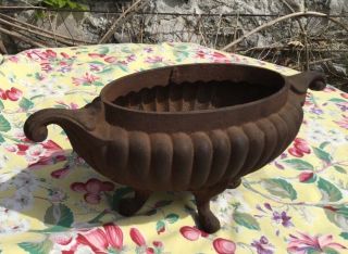 Antique French Cast Iron Urn Jardiniere Planter Floral Motif Footed Handles