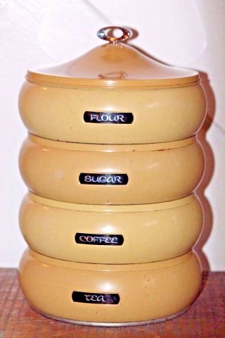 Set Of 4 Round Vintage Mid - Century Stackable,  Enamel Canisters With Lid