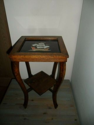 Unusual Antique Oak Square Occasional Table With Galleon Boat Top.