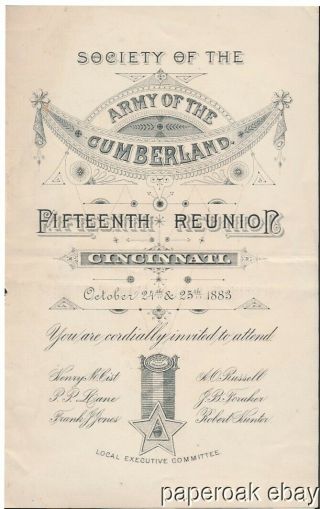 1883 Invite To Society Of The Army Of The Cumberland 15th Reunion In Cincinnati