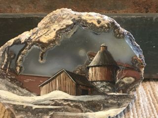 Hand Painted Barn Winter Scene On Rock