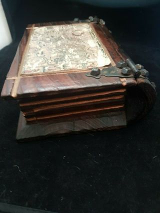 Rare Antique Hand Made Wooden Box That Looks Like A Book With Heavy Metal Clasps