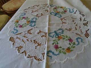 Vintage Irish Linen Tablecloth - Cut Work And Cross Stitch - Doves