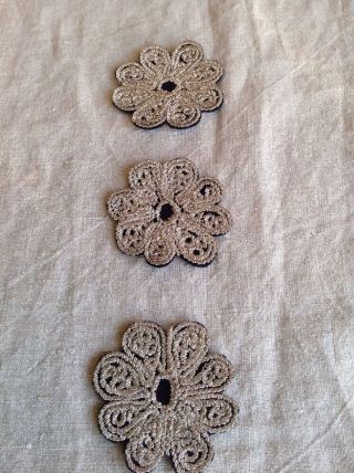 Vintage Art Deco Floral Appliques Silver Embroidery 3pc Authentic 1920s French