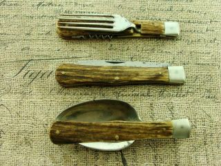 Antique Ww1 Ww2 Germany German Stag Folding Knife Fork Spoon Officer Set Nr