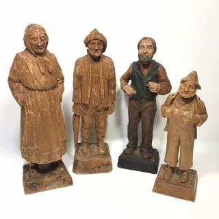 4 Old Vintage Hand Carved Wooden Fisherman And Old Lady Figures Statues