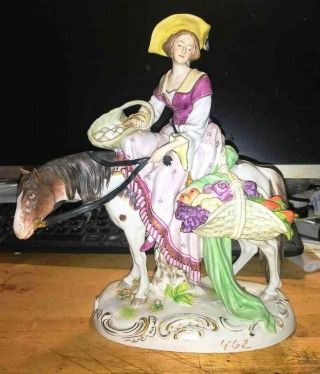 Vintage German Sitzendorf Porcelain Figurine,  " Woman Riding A Horse ".