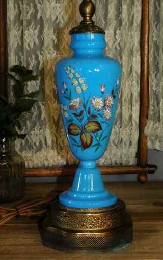 Antique French Victorian Floral Enameled Blue Opaline Glass Vase Electric Lamp