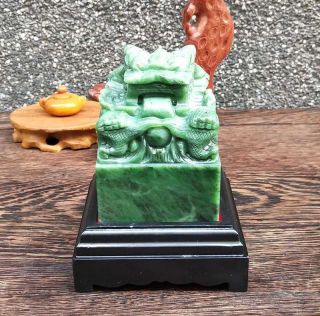 Natural Hetian Jade Jasper Hand - Carved Statue Dragon Seal Exquisite Cert:371