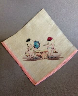 Rare Antique Silk Child’s Hanky Rose O’Neill Action Kewpie Dolls Girl & Soldier 2