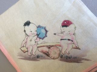 Rare Antique Silk Child’s Hanky Rose O’Neill Action Kewpie Dolls Girl & Soldier 4