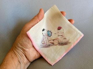 Rare Antique Silk Child’s Hanky Rose O’Neill Action Kewpie Dolls Girl & Soldier 8