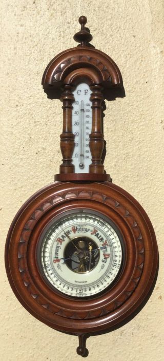Antq Victorian Carved Mahogany Wall Barometer Thermometer Beveled Glass