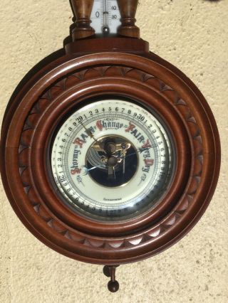 Antq VICTORIAN CARVED MAHOGANY WALL BAROMETER THERMOMETER BEVELED GLASS 2