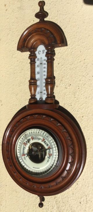 Antq VICTORIAN CARVED MAHOGANY WALL BAROMETER THERMOMETER BEVELED GLASS 3