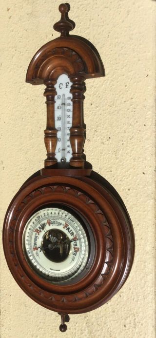 Antq VICTORIAN CARVED MAHOGANY WALL BAROMETER THERMOMETER BEVELED GLASS 5