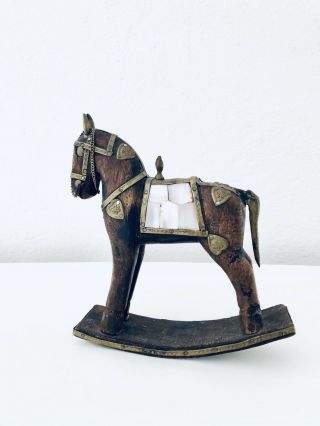 Vintage Wooden Rocking Horse Hand Carved Brass & Bone Fitted Decorative India