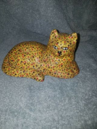 Vintage Cat Figure Floral Covered With Lacquered Fabric 7 " L X 4 1/2 " W X 3 " H