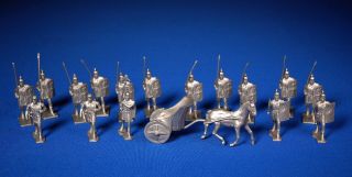 16 Remco Big Caesar Silver Plastic Roman Soldiers,  Horse & Chariot,  Vf,  1963