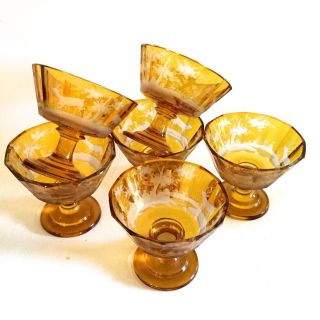 Antique Moser Set Of Six Large Wine Goblets Hand Carved Amber Color.
