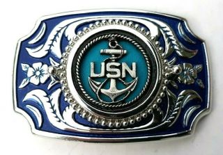 Us Navy Belt Buckle Usn With Anchor Military Blue With Silver Tone Made Usa