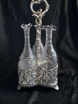 Antique Silver Plated Wine Set Cut Glass Bottles Made In England