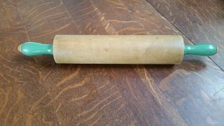 Vintage Munising Rolling Pin Wooden Green Paint Handles17 1/2 "