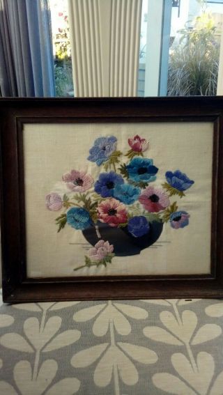 Vintage Framed Hand Embroidered Picture Of Bowl Of Flowers Circa 1910s