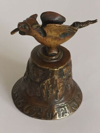 Antique Of 1669’s Bronze Hand Bell With A Flying Bird & Engraved Fighting Horses