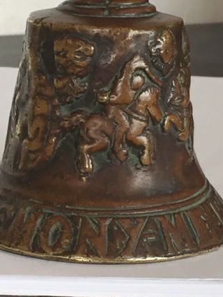 Antique Of 1669’s Bronze HAND BELL With A Flying Bird & Engraved Fighting Horses 3