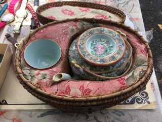 Vintage Chinese Porcelain Travel Picnic Tea Set In Woven Basket Circa 1920