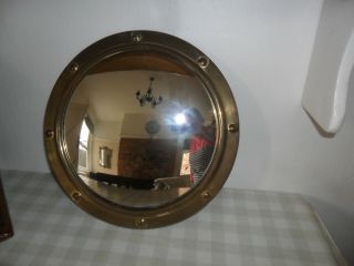 Vintage Small Brass Round Convex Ships Mirror,  Wooden Back,  Hanging Chain