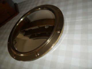 Vintage Small Brass Round Convex Ships Mirror,  Wooden Back,  Hanging Chain 3