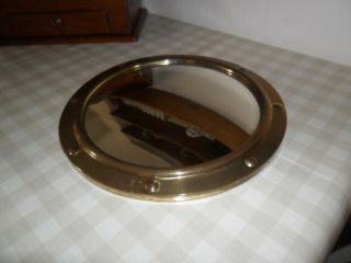 Vintage Small Brass Round Convex Ships Mirror,  Wooden Back,  Hanging Chain 4