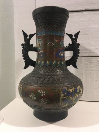 Antique 1920 - 1930 Japanese Cast Bronze Cloisonne Enamel Bronze Vase