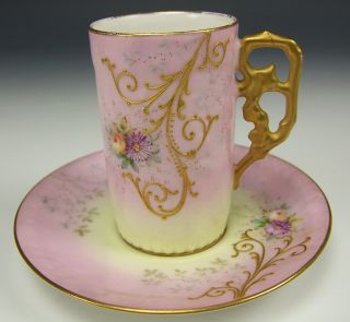 Limoges Hand Painted Raised Roses Daisy Demitasse Chocolate Cup & Saucer C
