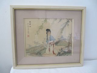 Japanese Signed Painting On Silk Lady Geisha with Basket 2