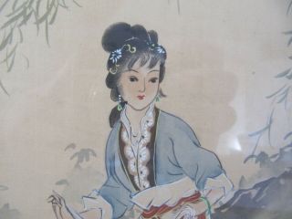 Japanese Signed Painting On Silk Lady Geisha with Basket 3