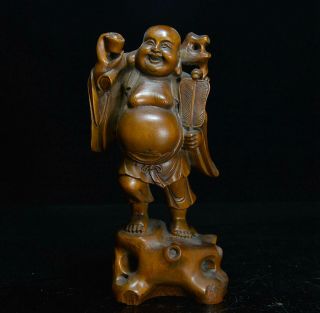 Collect Qianlong Antique Boxwood Hand Carve Happy Buddha Moral Auspicious Statue