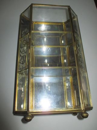 Vintage 10 " Brass Etched Glass Mirror Trinket Cabinet Shelf