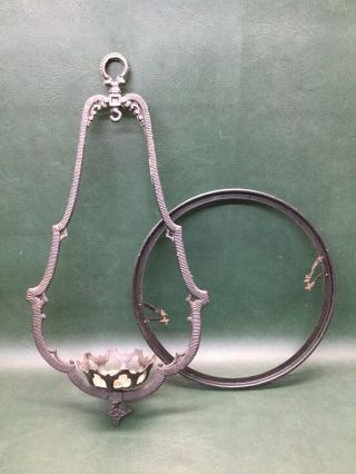 Antique Victorian Cast Iron Hanging Kerosene Oil Lamp Shade Ring Frame